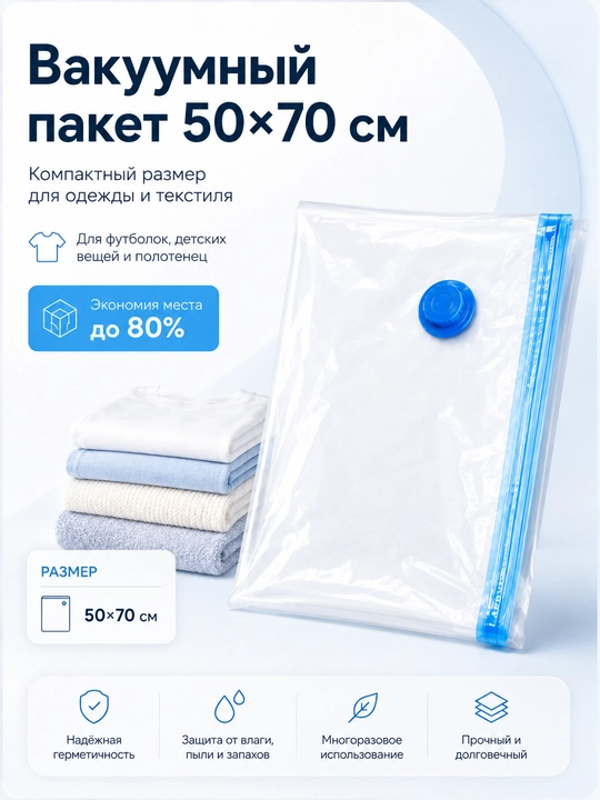 Вакуумные пакеты для хранения вещей с насосом — набор и 3 размера на выбор