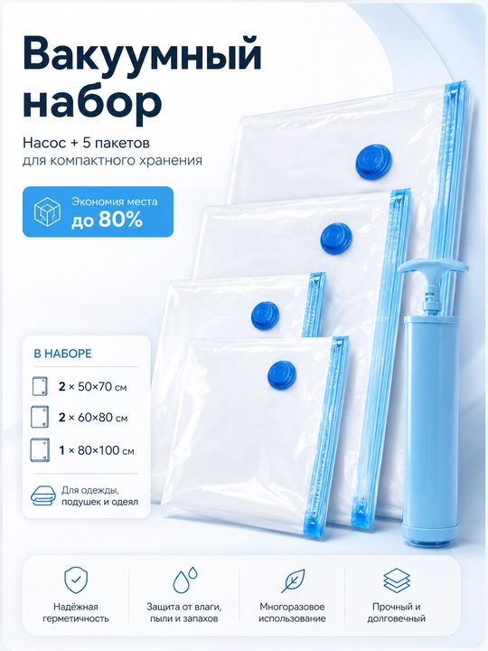 Вакуумные пакеты для хранения вещей с насосом — набор и 3 размера на выбор - 