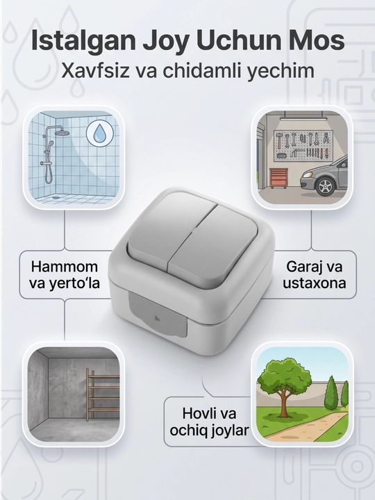 Namlikdan va changdan himoyalangan ustki chiroq o'chirgich IP54 2 klavishali, kulrang