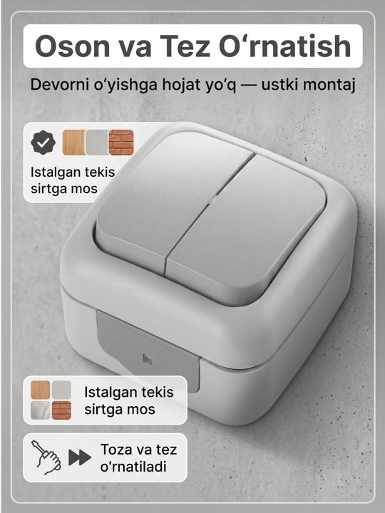 Namlikdan va changdan himoyalangan ustki chiroq o'chirgich IP54 2 klavishali, kulrang