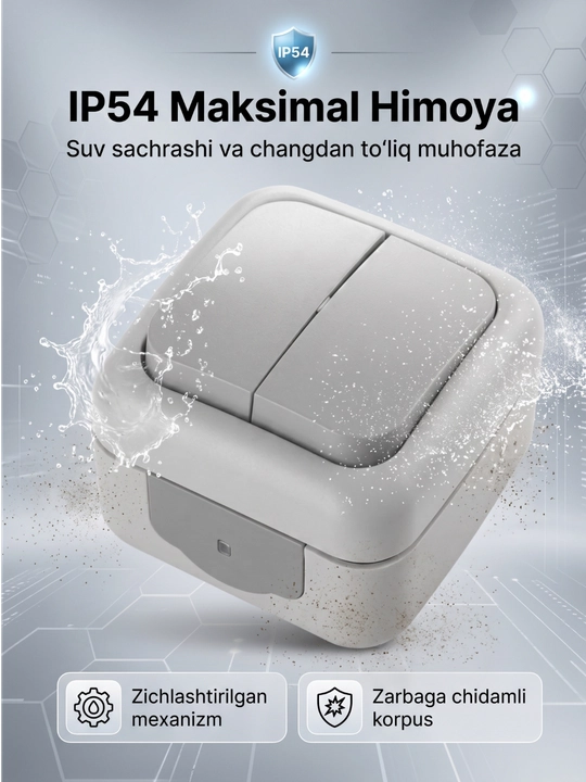 Namlikdan va changdan himoyalangan ustki chiroq o'chirgich IP54 2 klavishali, kulrang