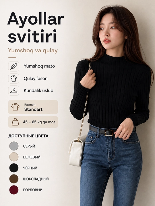 Ayollar vodolazka kuz, qish, bahor uchun standart o'lchamda, sviterlar  45-65 kg gacha - 