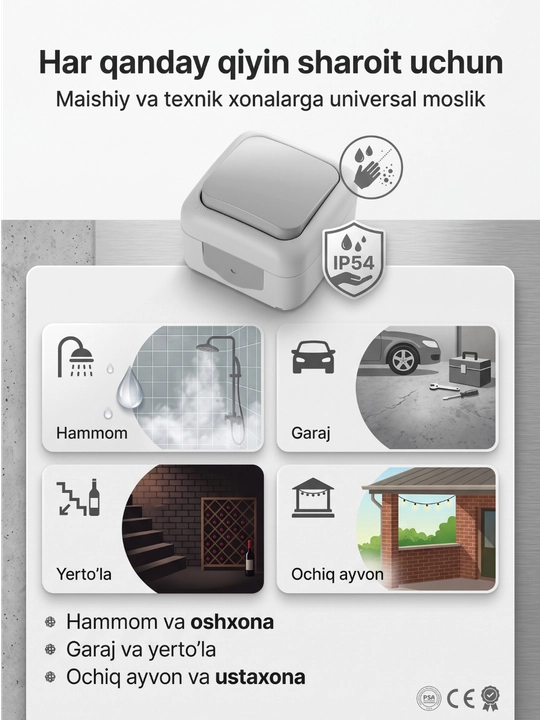 Namlikdan va changdan himoyalangan ustki chiroq o'chirgich IP54 (1 klavishali, kulrang)