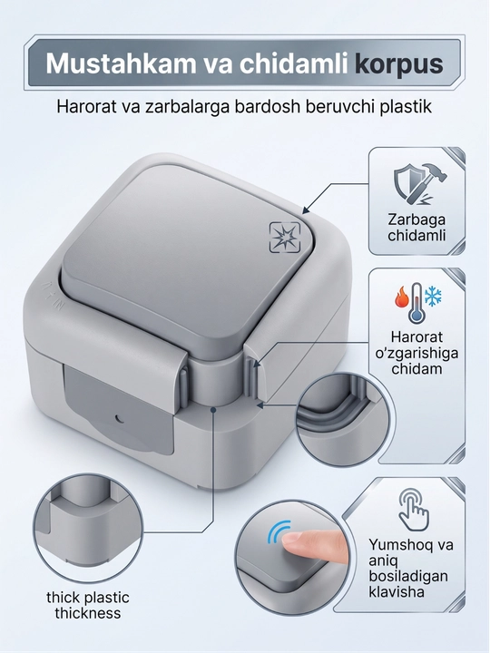 Namlikdan va changdan himoyalangan ustki chiroq o'chirgich IP54 (1 klavishali, kulrang)