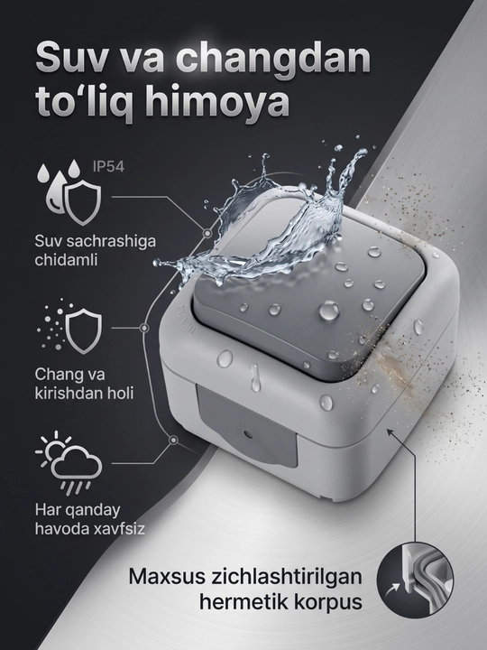 Namlikdan va changdan himoyalangan ustki chiroq o'chirgich IP54 (1 klavishali, kulrang)