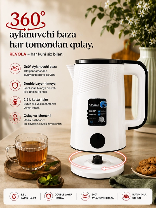 Revola Elektr choynak, 2,5 litrli, choy damlash uchun elektr choynak, 1500 Vt tefal