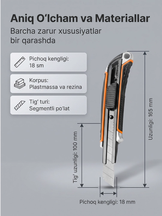 Kantselyariya pichog'i, universal, 18 mm, rezinalangan tutqichli