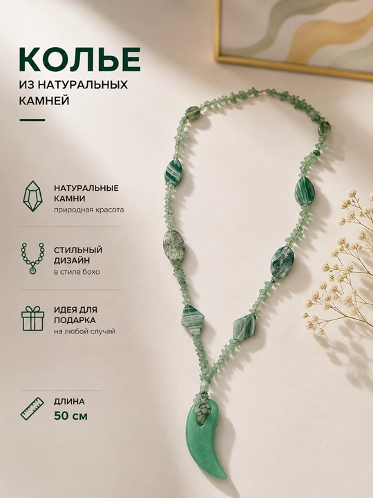 Длинное колье с натуральными камнями - 