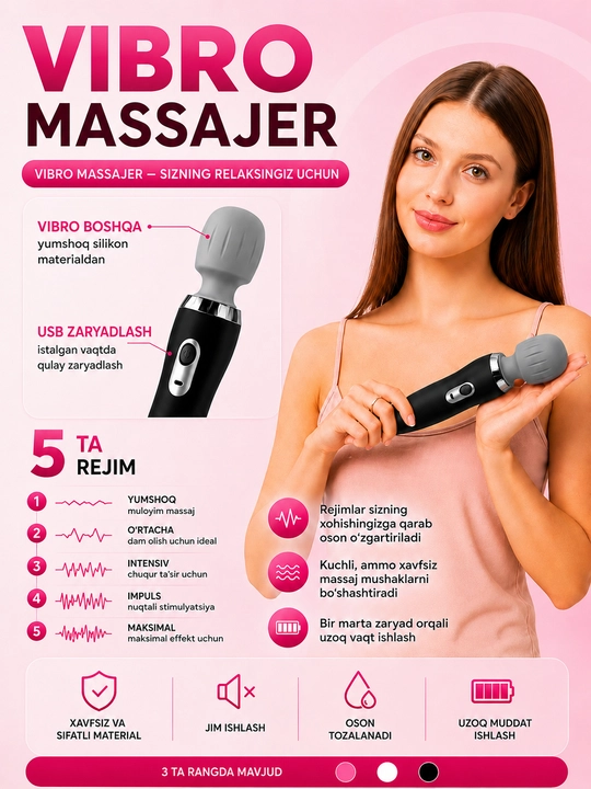 Vibro Massajer – 5 rejimli elektr massajyor, USB zaryadli, tana uchun - 