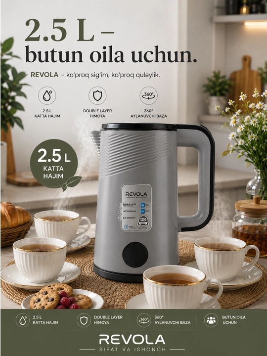 Revola Elektr choynak, 2,5 litrli, choy damlash uchun elektr choynak, 1500 Vt tefal