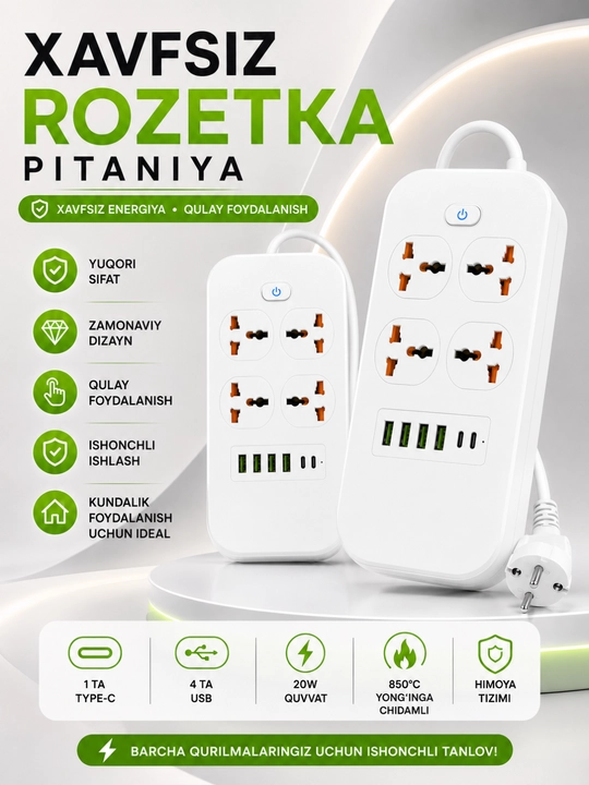 USB, Type-C, himoya va Premium rozetkalarga ega universal tarmoq uzaytirgichi - 