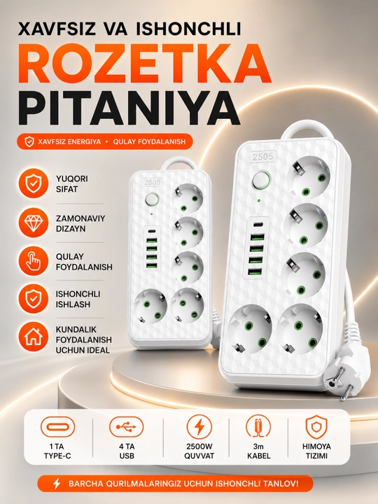 USB, Type-C, himoya va Premium rozetkalarga ega universal tarmoq uzaytirgichi - 