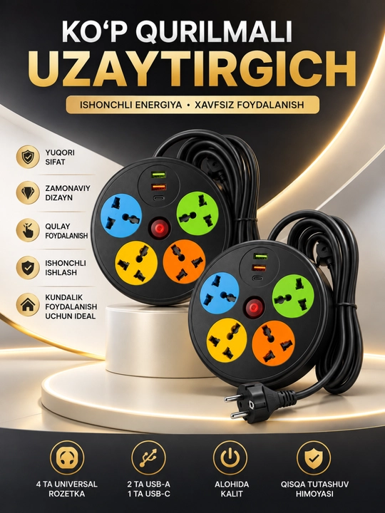 USB, Type-C, himoya va Premium rozetkalarga ega universal tarmoq uzaytirgichi - 