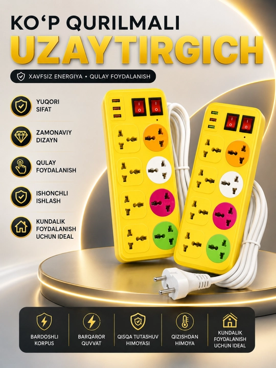 USB, Type-C, himoya va Premium rozetkalarga ega universal tarmoq uzaytirgichi - 