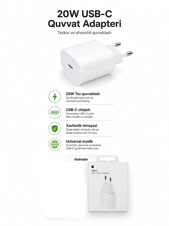 Apple 20W USB-C Power Adapter, 2 pinli quvvatlagich, oq adapter, iPhone uchun tez - 