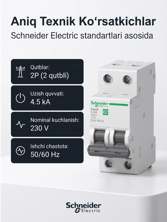 Easy9 2P C 4.5kA 230V avtomatik o‘chirgichi