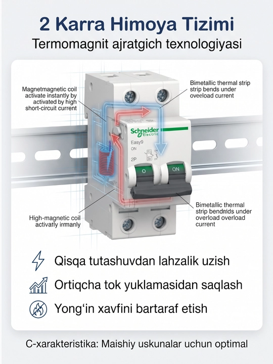 Easy9 2P C 4.5kA 230V avtomatik o‘chirgichi