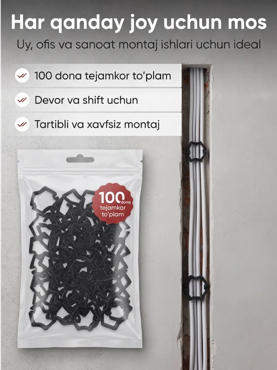 NSU Clips Plastik Kabel Klipsi 22-50 mm – 100 dona to‘plam