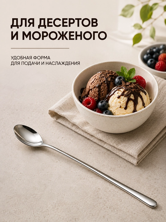 Uzun choy qoshiqlari, 6 dona to'plam,  desert va muzqaymoq uchun qoshiq