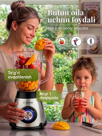 Bosch 1000 Vt statsionar blender 3 ta 1 da, 1,5 l, kofemolka va maydalagich