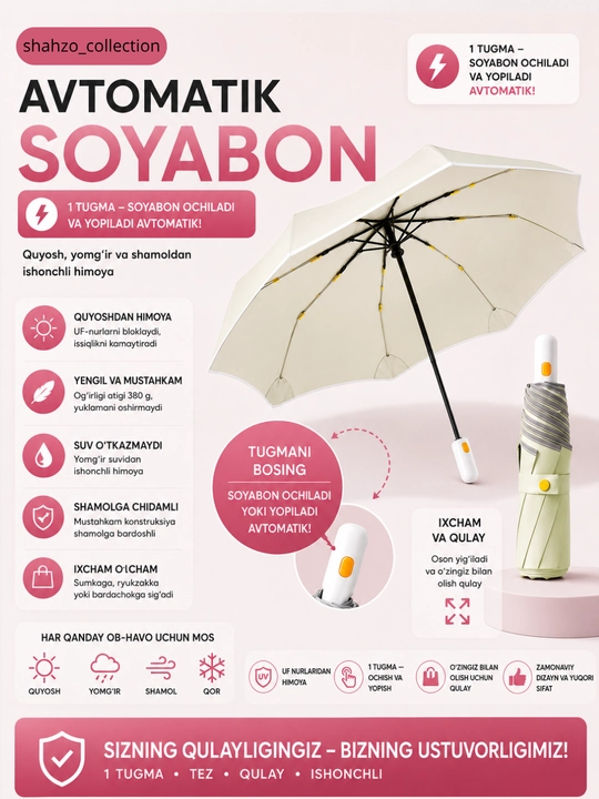 Avtomatik soyabon, yig‘iladigan soyabon, yomg‘ir, quyosh va shamoldan himoya - 