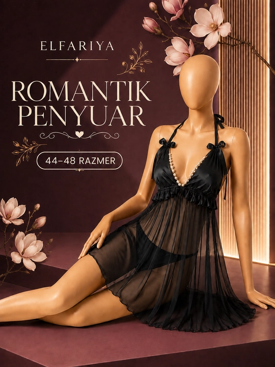 Романтический женский пеньюар из прозрачной сетки и атласа, размер 44–48 - 