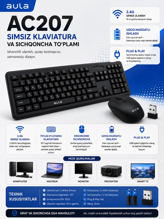 Aula AC207 Membramali klaviatura shovqinsiz
