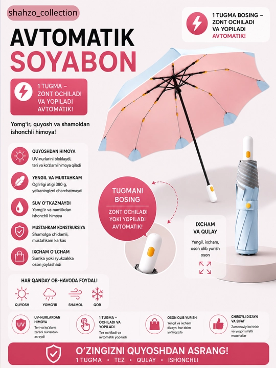 Avtomatik soyabon, yig‘iladigan soyabon, yomg‘ir, quyosh va shamoldan himoya