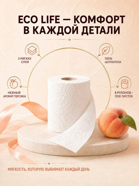 Eco Life shaftoli iforli 3 qavatli hojatxona qog‘ozi, 8 dona