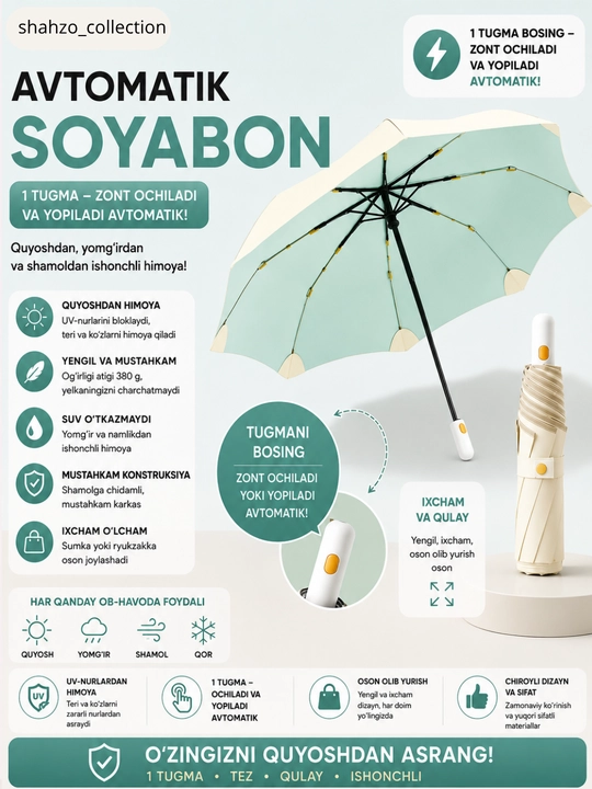 Avtomatik soyabon, yig‘iladigan soyabon, yomg‘ir, quyosh va shamoldan himoya - 