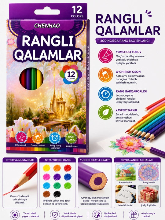Rangli qalamlar, 12 xil rangda, rasm chizish uchun
