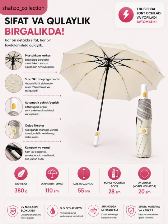 Avtomatik soyabon, yig‘iladigan soyabon, yomg‘ir, quyosh va shamoldan himoya