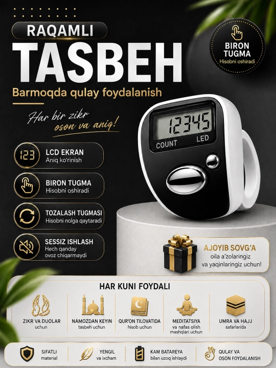 Elektron tasbeh, zikr uchun barmoq hisoblagichi, LCD ekranli - 