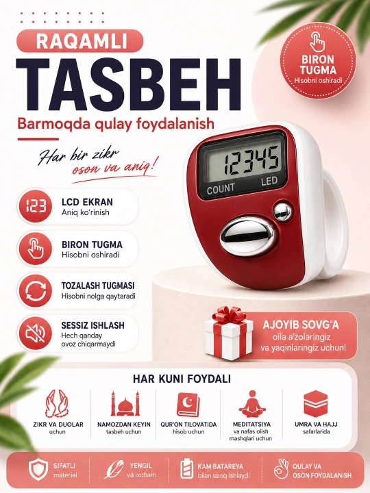 Elektron tasbeh, zikr uchun barmoq hisoblagichi, LCD ekranli - 