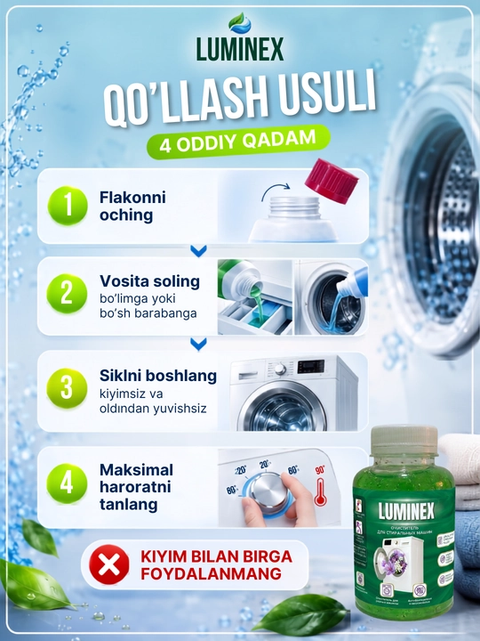 Kir yuvish mashinalari uchun tozalagich LUMINEX, nalyot va yomon hidga qarshi, 220 ml