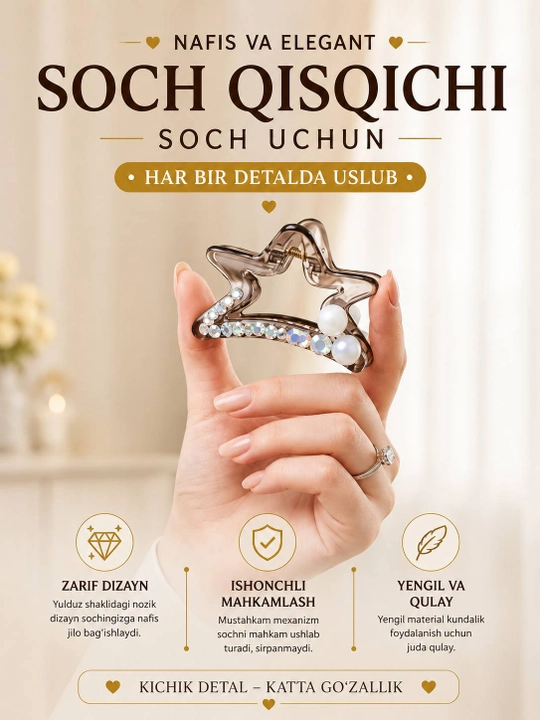 Ayollar uchun soch qisqichi, nafis dekorativ zakolka, kristalli zamonaviy aksessuar