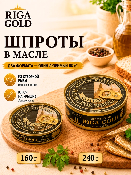 Yog‘dagi shprotlar, kalitli ochiladigan qadoq Riga Gold - 