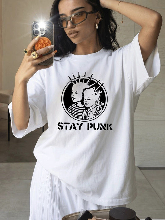 MICONIC Stay Punk printli oq uniseks oversayz futbolkasi