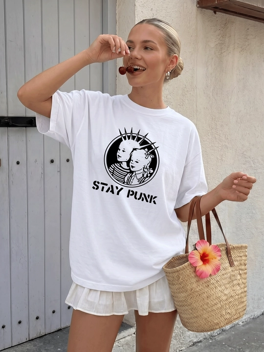 MICONIC Stay Punk printli oq uniseks oversayz futbolkasi