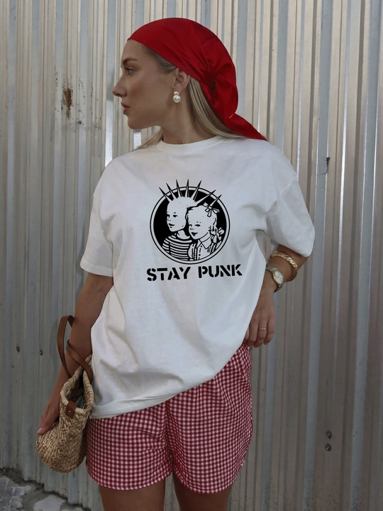 MICONIC Stay Punk printli oq uniseks oversayz futbolkasi