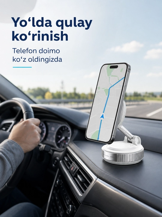 Magnitli telefon tutgich pastavka, 360° buriladigan, yig‘iladigan, vakuumli asosli