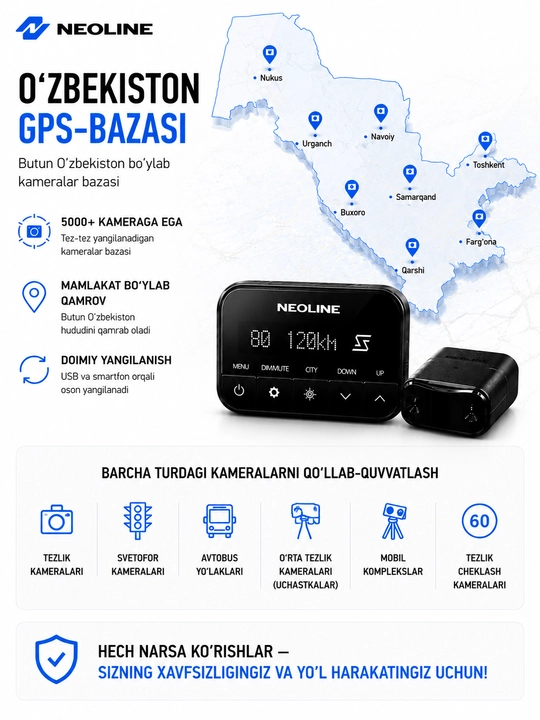 Neoline X-COP S700 radar-detektori, yashirin o‘rnatish, GPS,signaturali, O‘zbekiston uchun