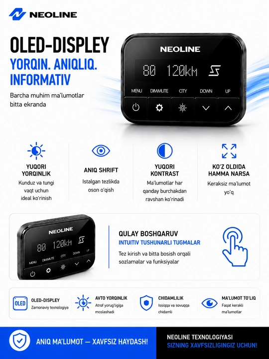 Neoline X-COP S700 radar-detektori, yashirin o‘rnatish, GPS,signaturali, O‘zbekiston uchun