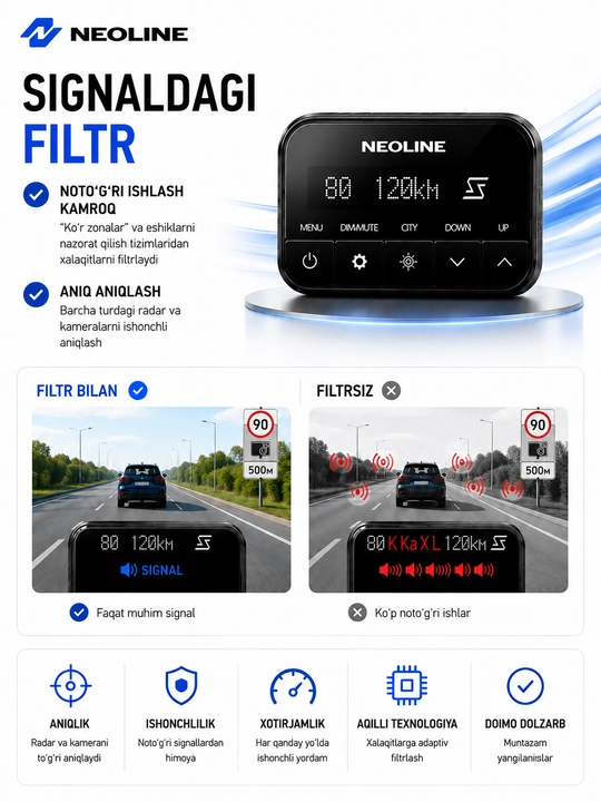 Neoline X-COP S700 radar-detektori, yashirin o‘rnatish, GPS,signaturali, O‘zbekiston uchun