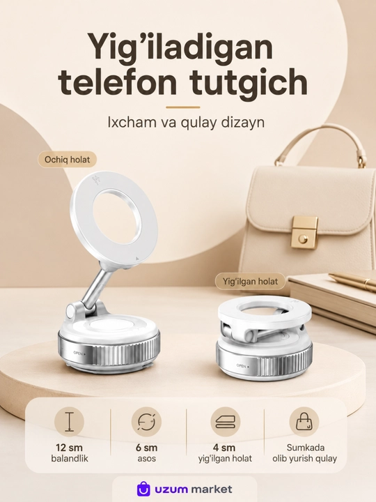 Magnitli telefon tutgich pastavka, 360° buriladigan, yig‘iladigan, vakuumli asosli - 