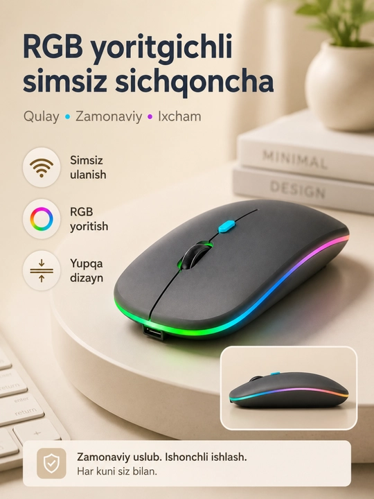 Simsiz shovqinsiz kompyuter sichqonchasi, RGB mishka yoritgichli, Bluetooth - 