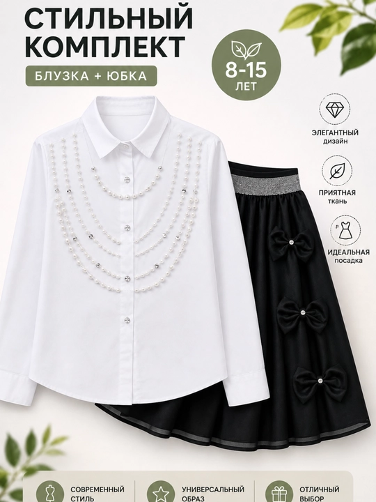 Двойка для девочки 8–15 лет, белая блузка и чёрная юбка с бантами - 