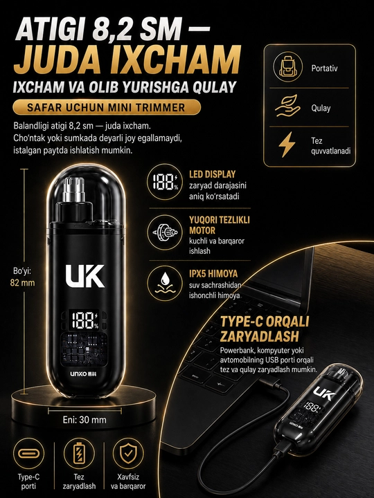 Portativ elektr burun trimmeri, LED displeyli, USB orqali quvvatlanadigan