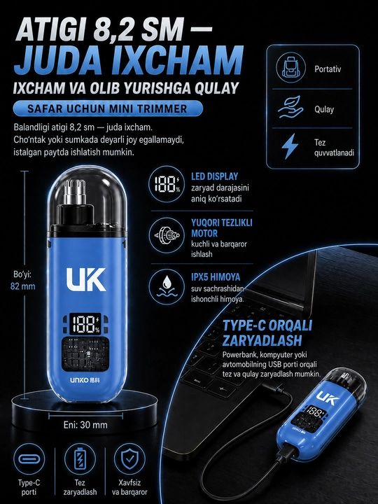 Portativ elektr burun trimmeri, LED displeyli, USB orqali quvvatlanadigan