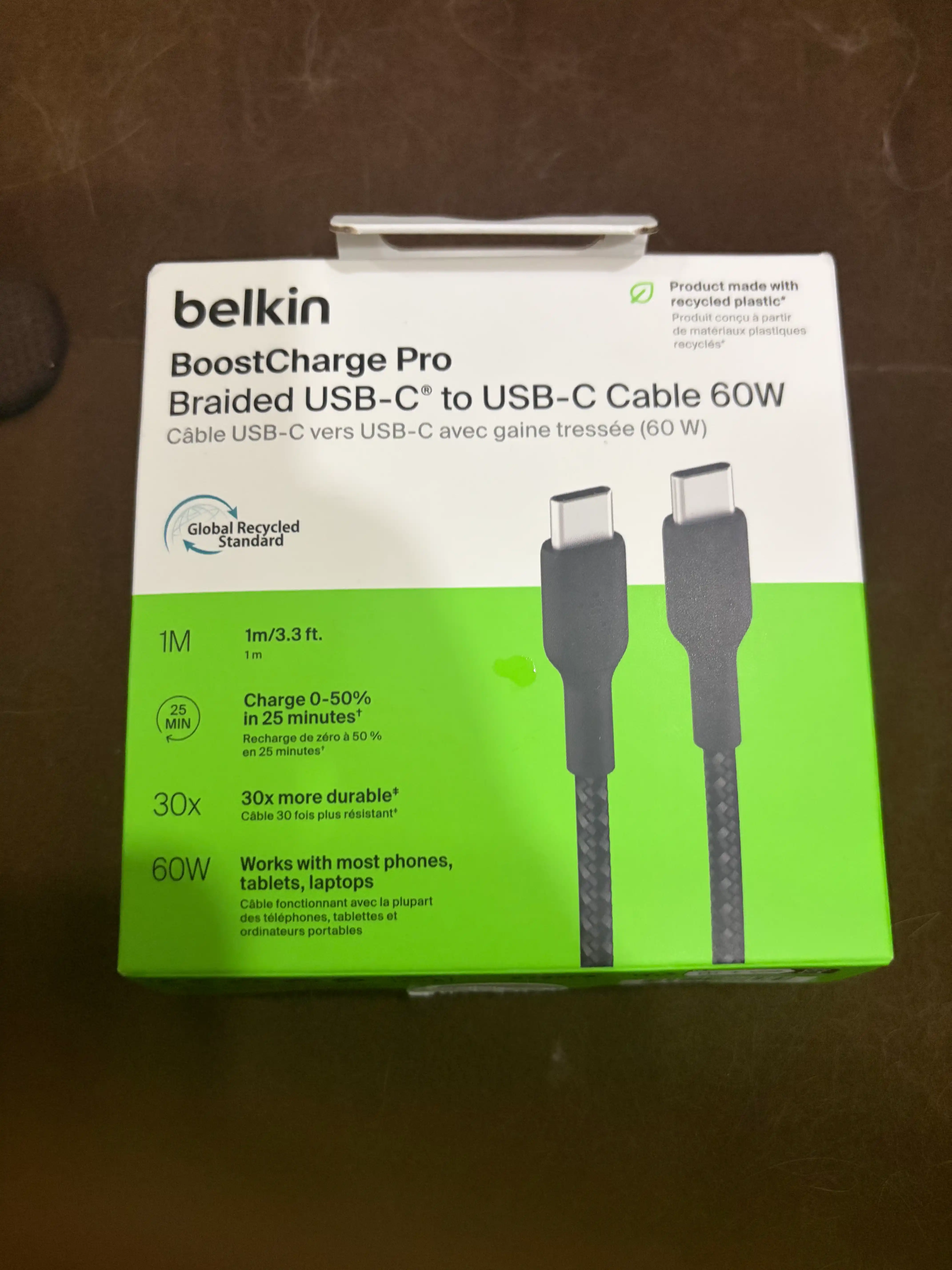 Kabel Belkin Type C to Type C, o‘ralgan, 60W, 1 m, 2 m, tezkor zaryadlash